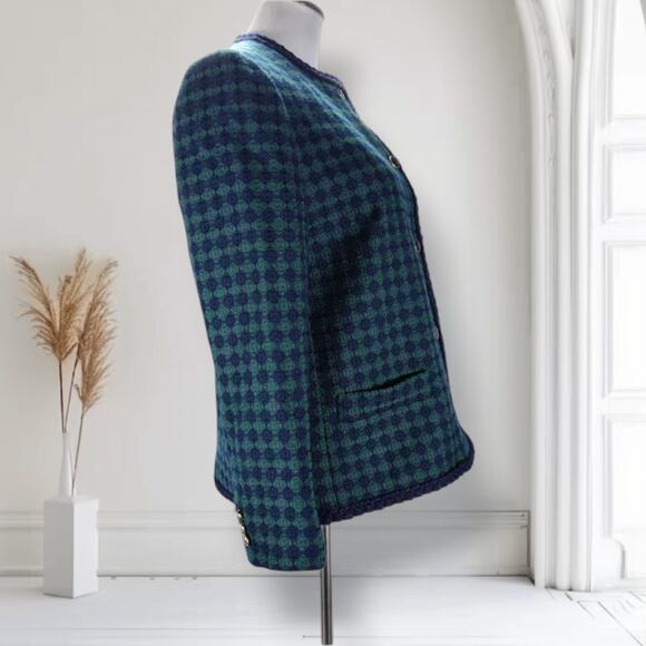 Vintage 90s Bleyle Wool Tweed Jacket 12 Green Blue Diamond Print Collared Blazer - Picture 4 of 9